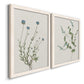 Angled view of a set of two white barnwood framed canvas prints featuring two rustic minimalist botanical studies featuring delicate wildflower and leafy stems.