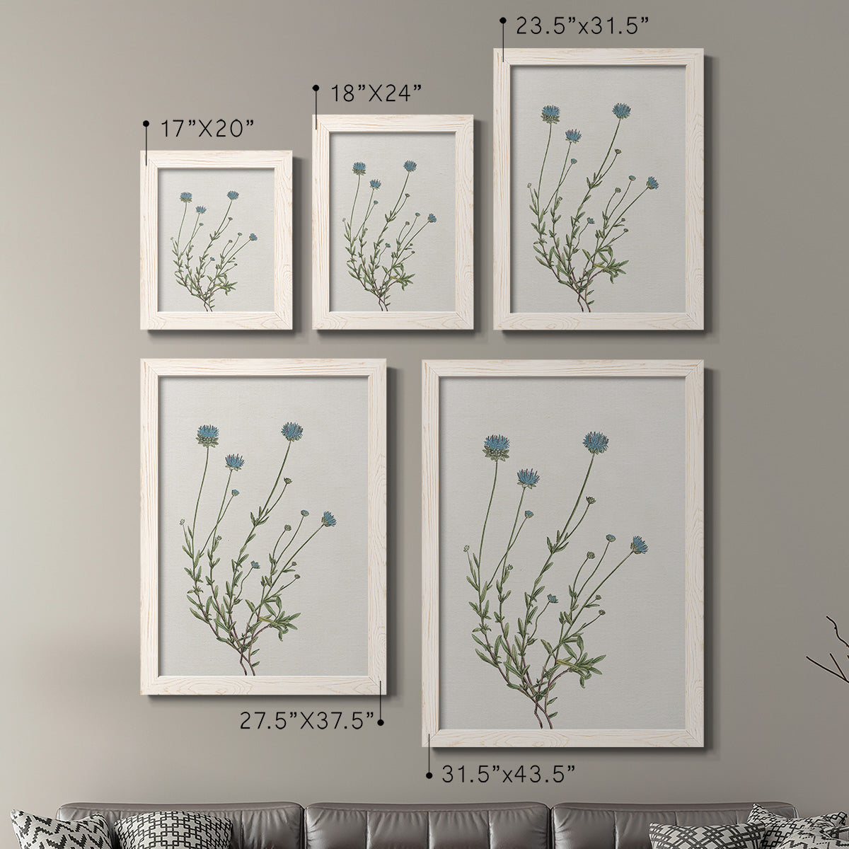 Size comparison chart for a set of two white barnwood framed canvas prints.