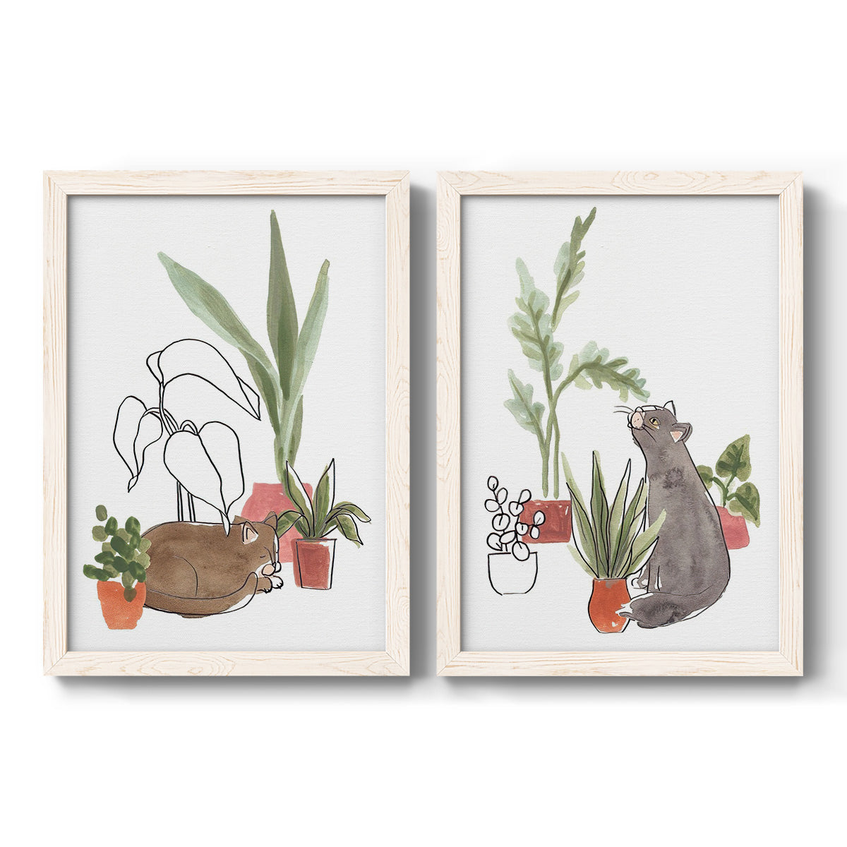 Set of two white barnwood framed canvas prints featuring two whimsical botanical animal illustrations featuring cats tucked among collections of potted houseplants.