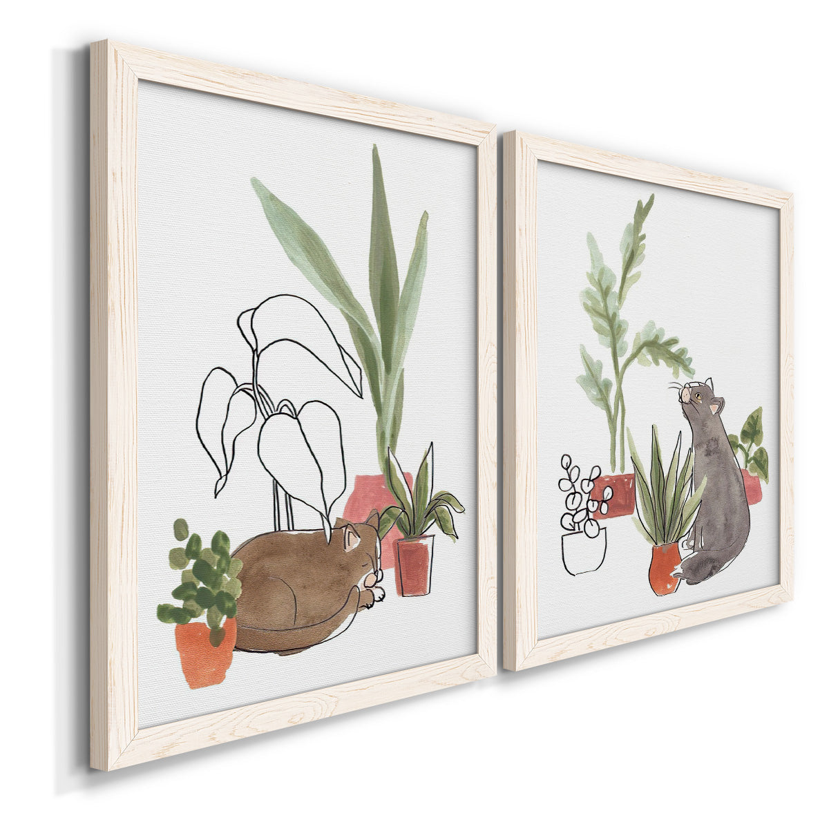 Angled view of a set of two white barnwood framed canvas prints featuring two whimsical botanical animal illustrations featuring cats tucked among collections of potted houseplants.