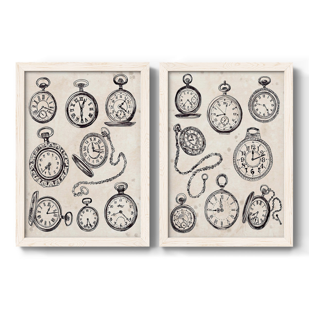 Set of two white barnwood framed canvas prints featuring two vintage object sketches featuring collections of antique pocket watches and chains.