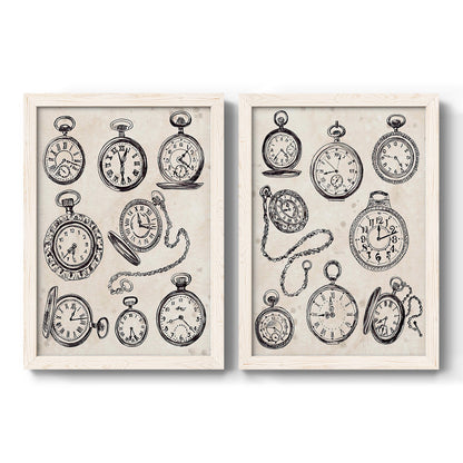 Set of two white barnwood framed canvas prints featuring two vintage object sketches featuring collections of antique pocket watches and chains.