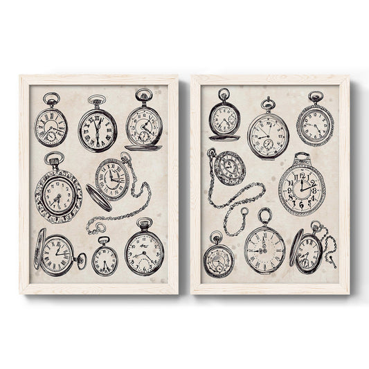 Set of two white barnwood framed canvas prints featuring two vintage object sketches featuring collections of antique pocket watches and chains.