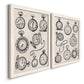 Angled view of a set of two white barnwood framed canvas prints featuring two vintage object sketches featuring collections of antique pocket watches and chains.
