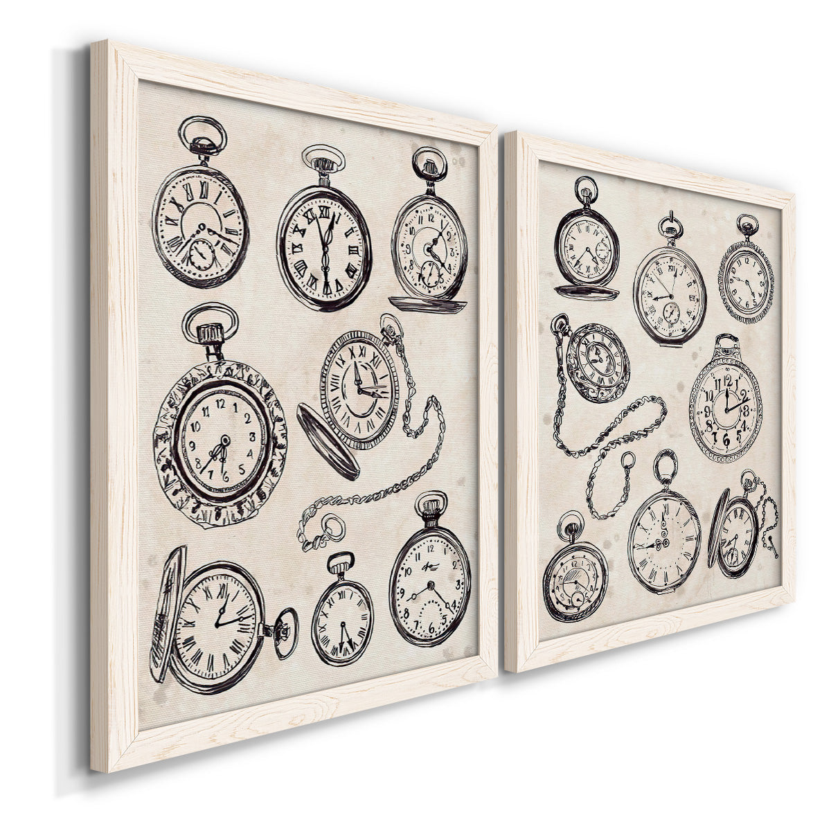 Angled view of a set of two white barnwood framed canvas prints featuring two vintage object sketches featuring collections of antique pocket watches and chains.