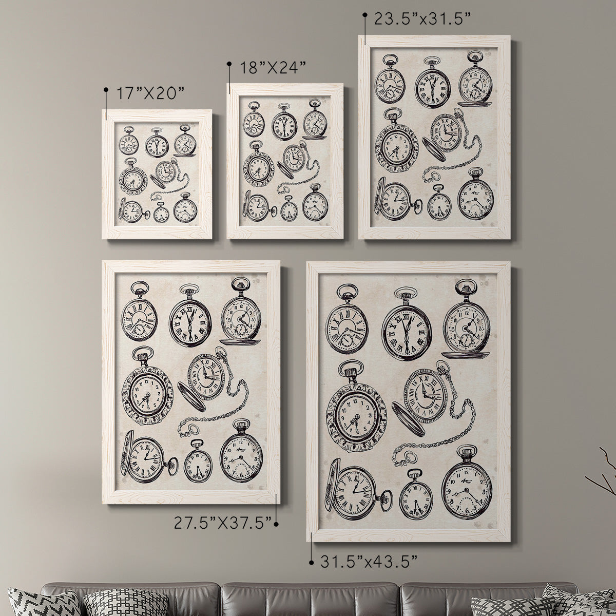Size comparison chart for a set of two white barnwood framed canvas prints.