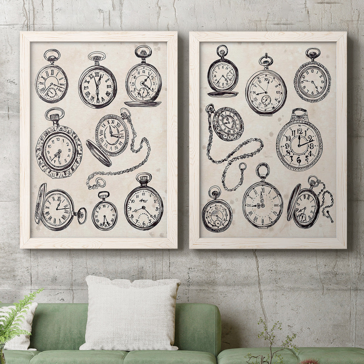 Set of two white barnwood framed canvas prints depicting a coordinated art pair of collections of antique pocket watches and chains rendered as vintage object sketches above a sofa in a modern living room.