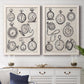 Set of two white barnwood framed canvas prints depicting a coordinated art pair of collections of antique pocket watches and chains rendered as vintage object sketches above a dining room sideboard.