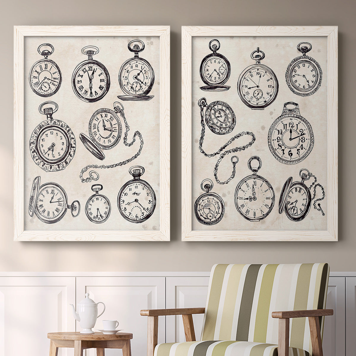 Set of two white barnwood framed canvas prints depicting two vintage object sketches featuring collections of antique pocket watches and chains above a sideboard in a cozy sitting room.