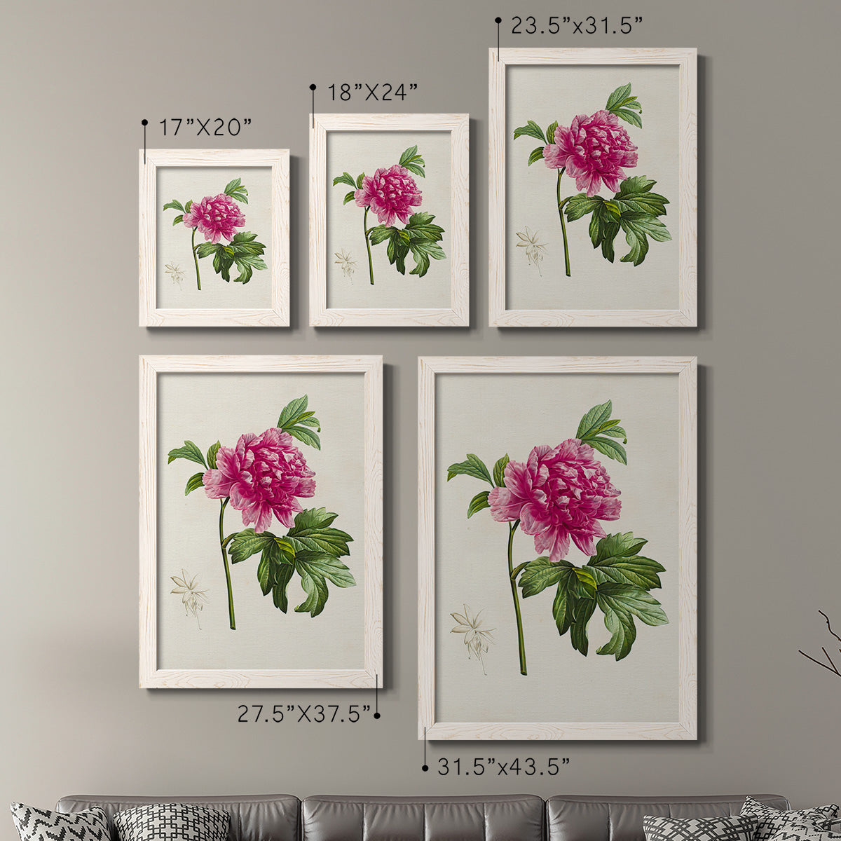 Size comparison chart for a set of two white barnwood framed canvas prints.