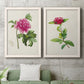 Set of two white barnwood framed canvas prints depicting a coordinated art pair of pink flowering plant specimens rendered as vintage botanical plate illustrations above a sofa in a modern living room.