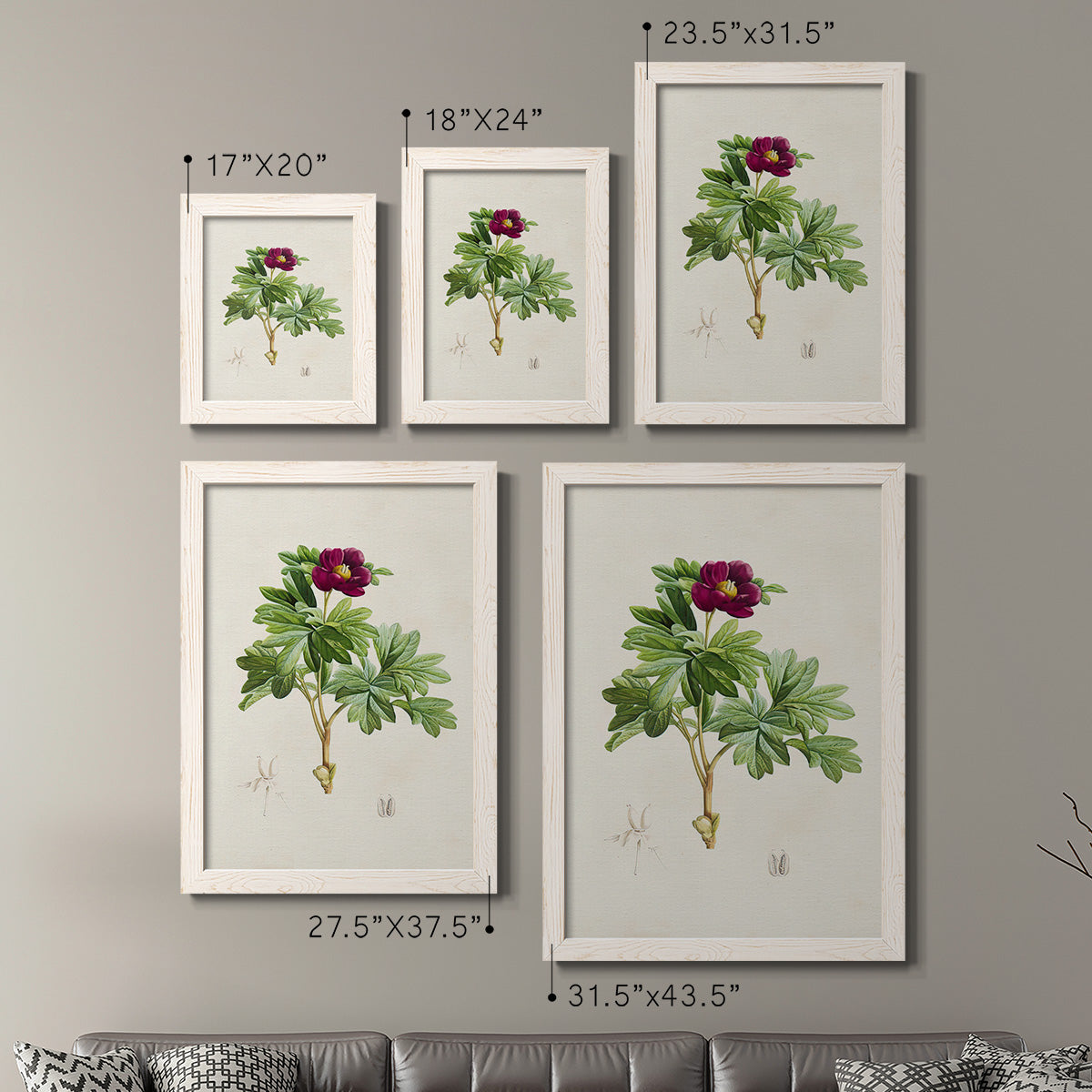 Size comparison chart for a set of two white barnwood framed canvas prints.