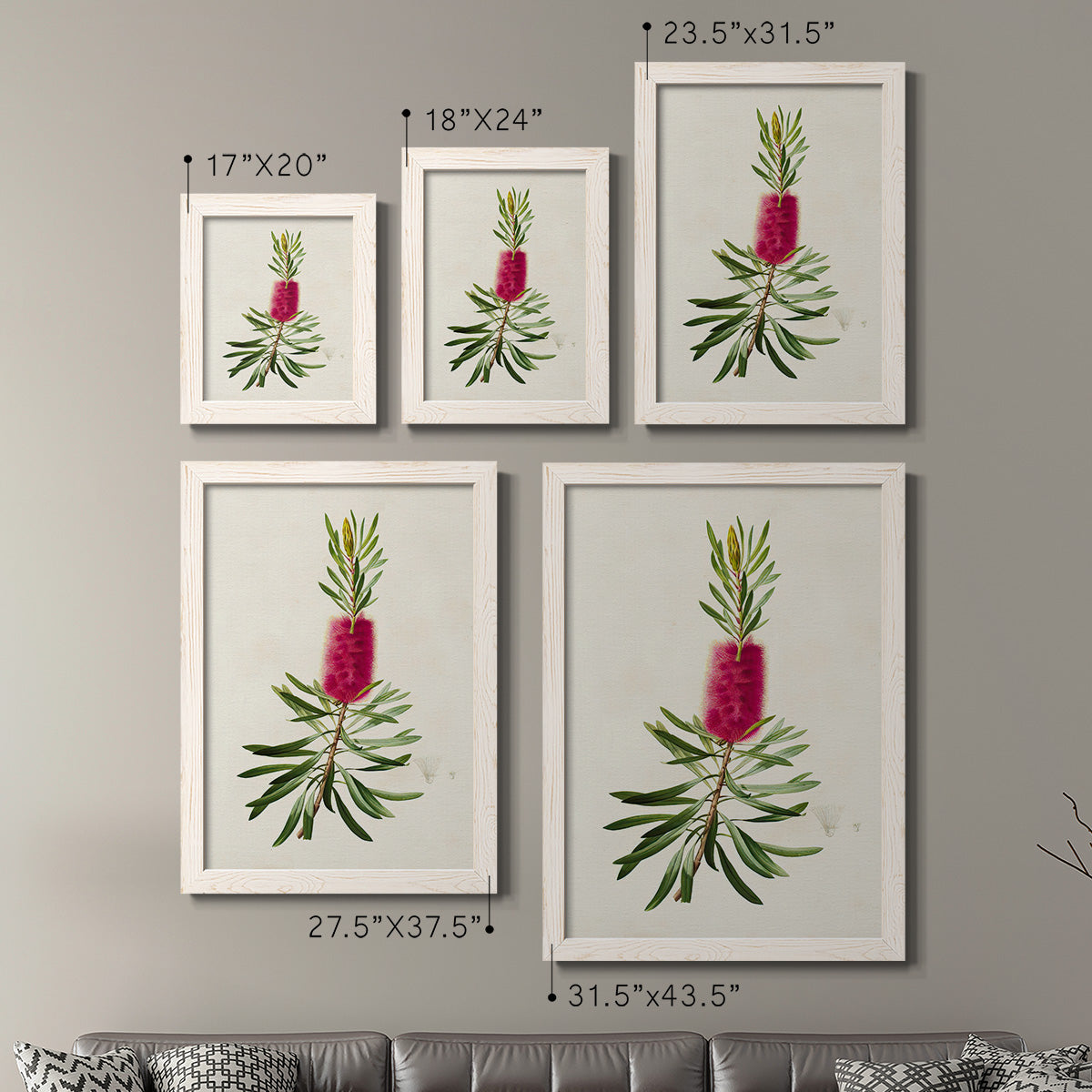 Size comparison chart for a set of two white barnwood framed canvas prints.