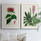 Set of two white barnwood framed canvas prints depicting detailed blossoms, leaves, roots, and archival cream grounds arranged across two complementary compositions above a sofa in a bright living space.