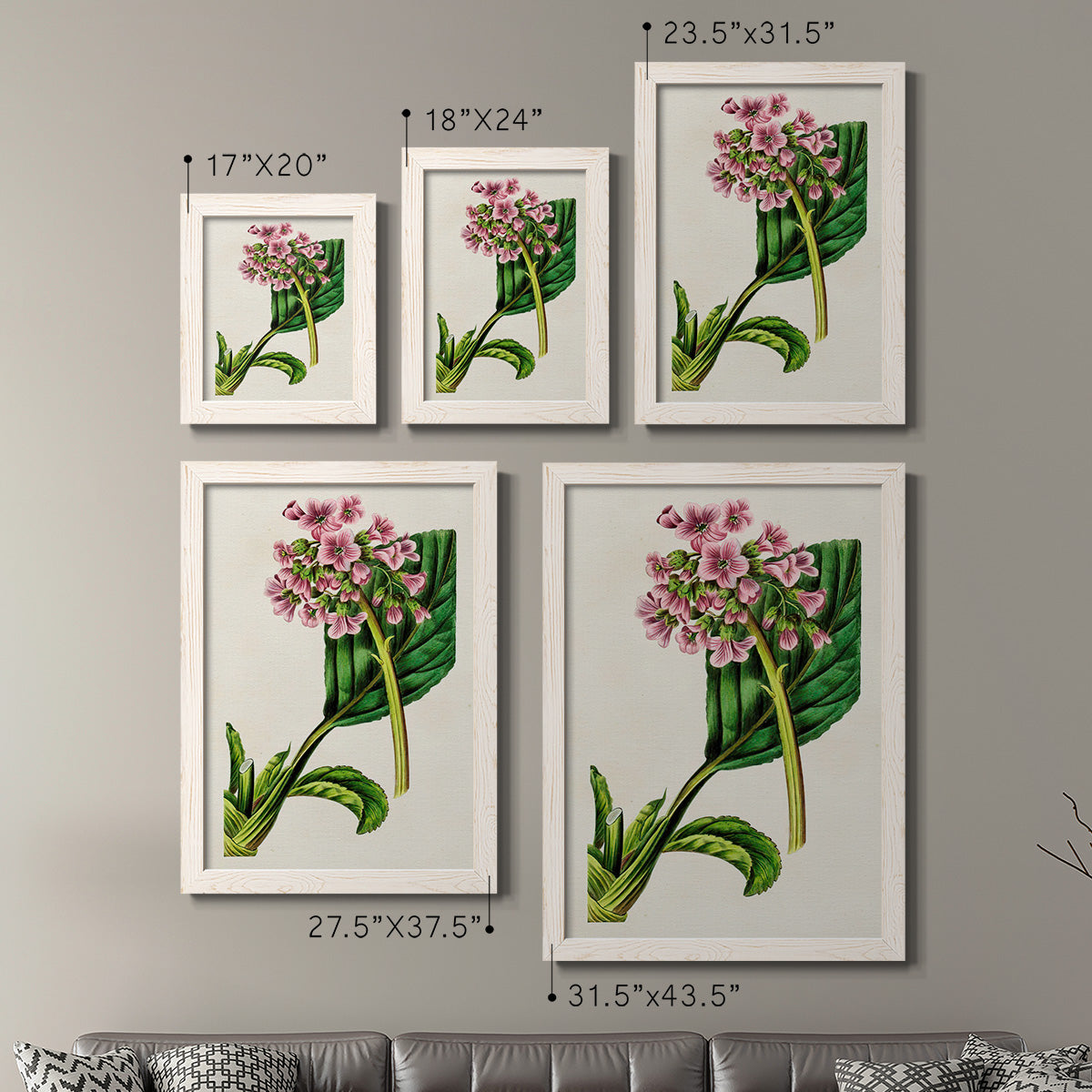 Size comparison chart for a set of two white barnwood framed canvas prints.