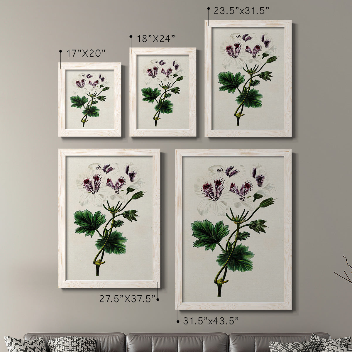 Size comparison chart for a set of two white barnwood framed canvas prints.