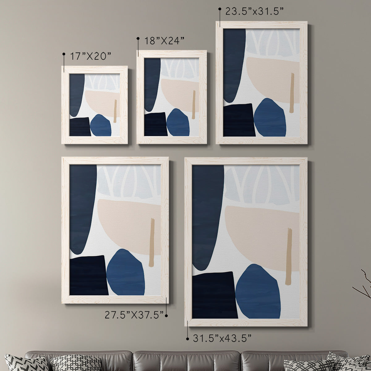 Size comparison chart for a set of two white barnwood framed canvas prints.
