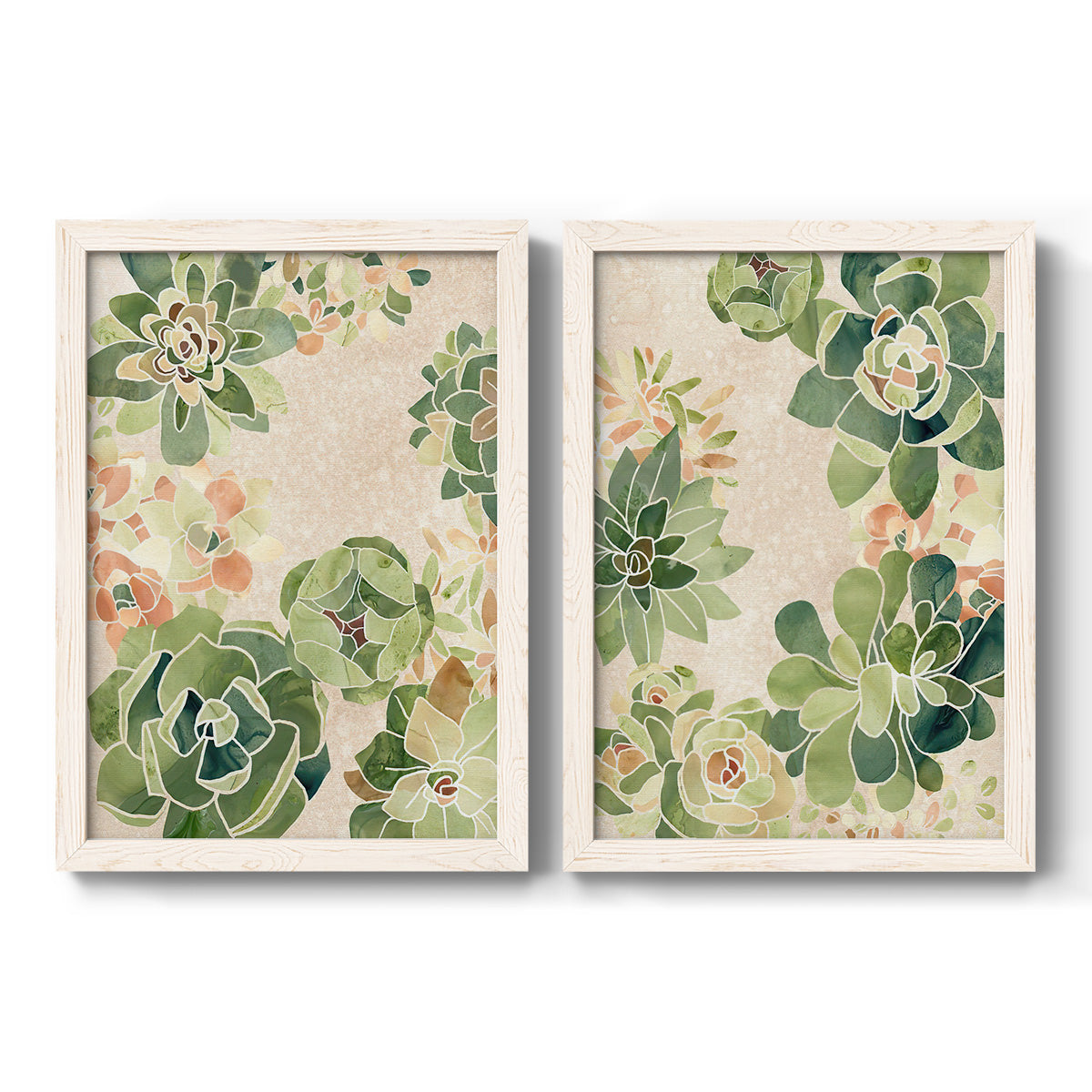 Set of two white barnwood framed canvas prints featuring two decorative botanical pattern prints featuring dense repeating succulents and small flowers.