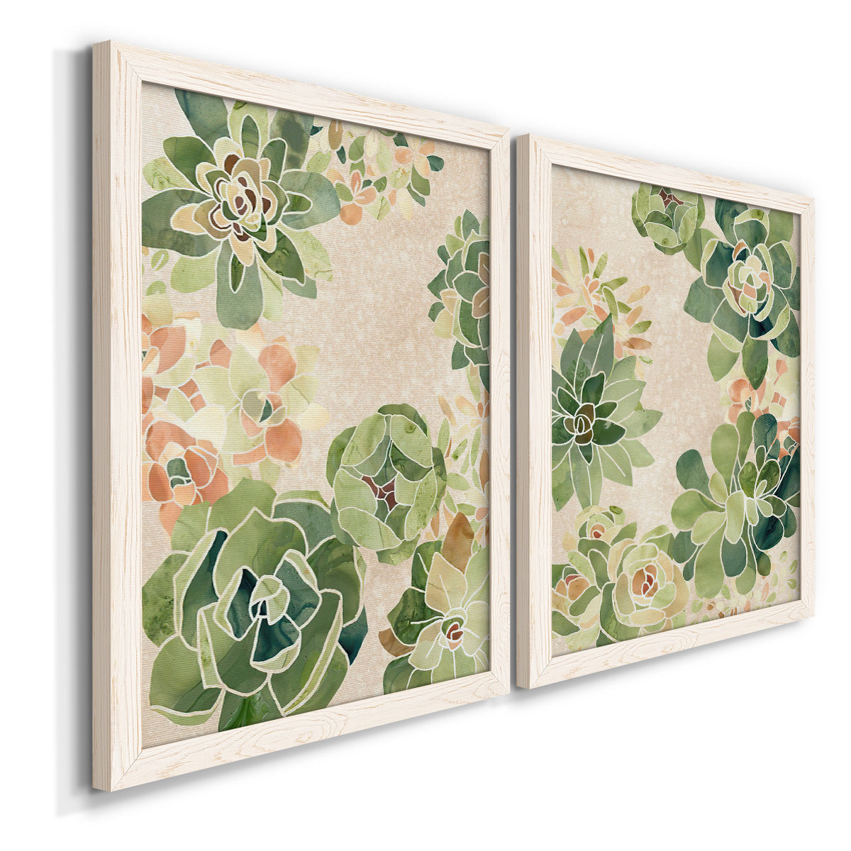 Angled view of a set of two white barnwood framed canvas prints featuring two decorative botanical pattern prints featuring dense repeating succulents and small flowers.