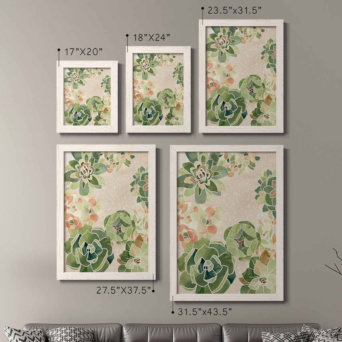 Size comparison chart for a set of two white barnwood framed canvas prints.