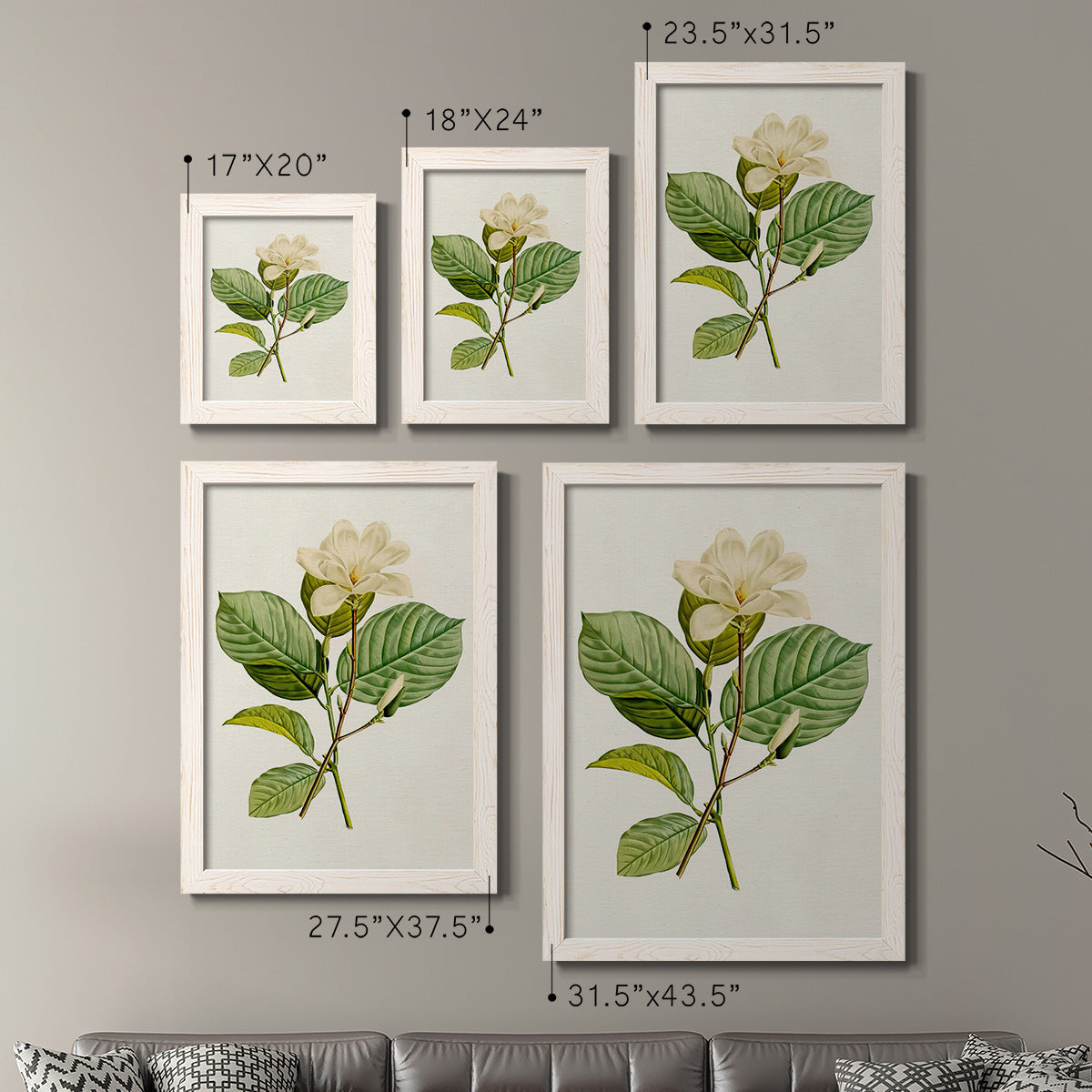 Size comparison chart for a set of two white barnwood framed canvas prints.