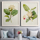 Set of two white barnwood framed canvas prints depicting paired traditional botanical paintings with large pale petals, leafy branches, and soft watercolor shading above a sofa in a contemporary living room.