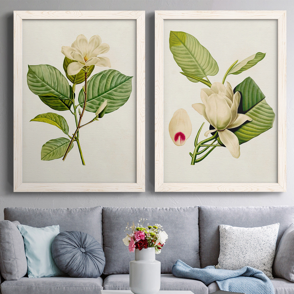 Set of two white barnwood framed canvas prints depicting paired traditional botanical paintings with large pale petals, leafy branches, and soft watercolor shading above a sofa in a contemporary living room.
