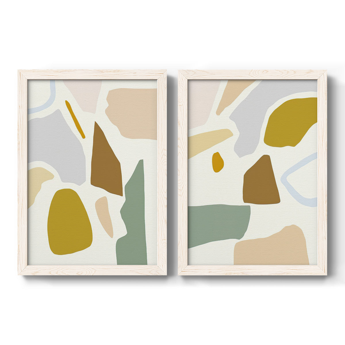 Set of two white barnwood framed canvas prints featuring two pastel geometric abstracts featuring soft mustard sage gray and white irregular shapes.