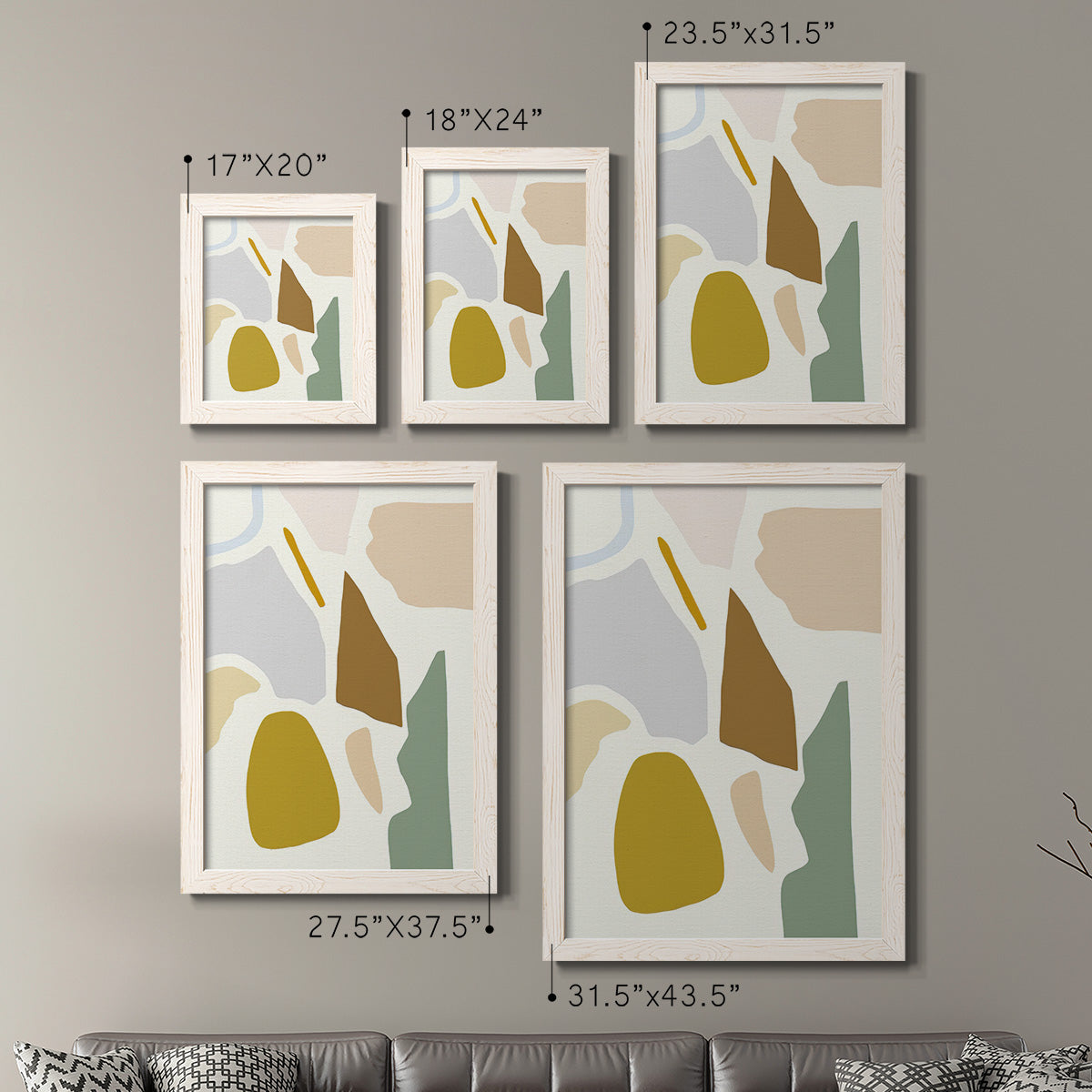 Size comparison chart for a set of two white barnwood framed canvas prints.