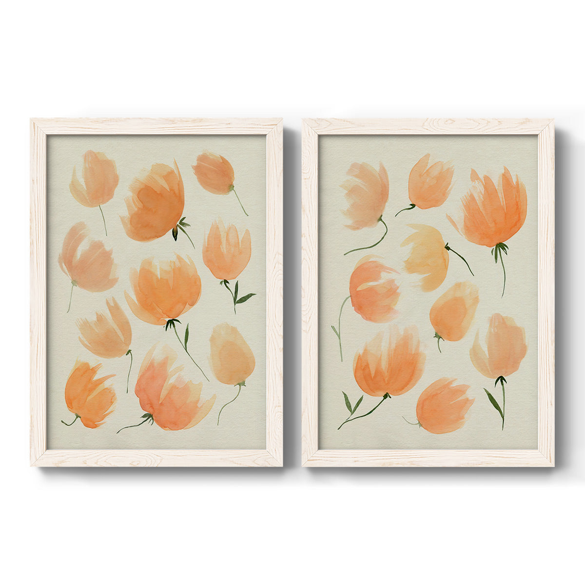 Set of two white barnwood framed canvas prints featuring two airy watercolor floral paintings featuring loose peach-orange tulip-like blossoms.