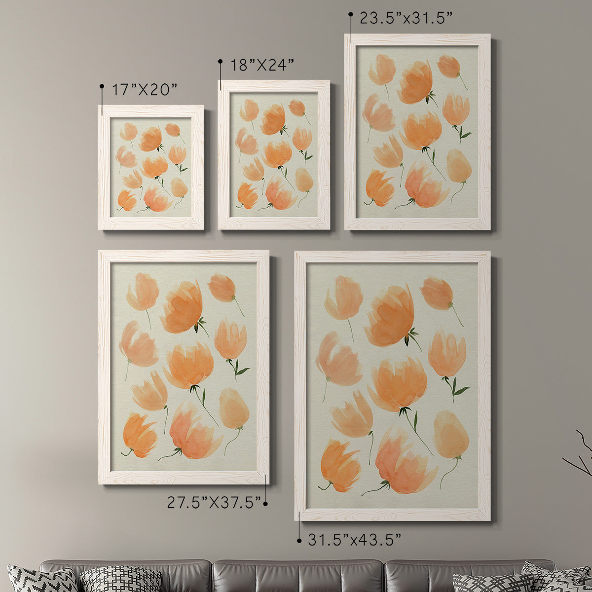 Size comparison chart for a set of two white barnwood framed canvas prints.