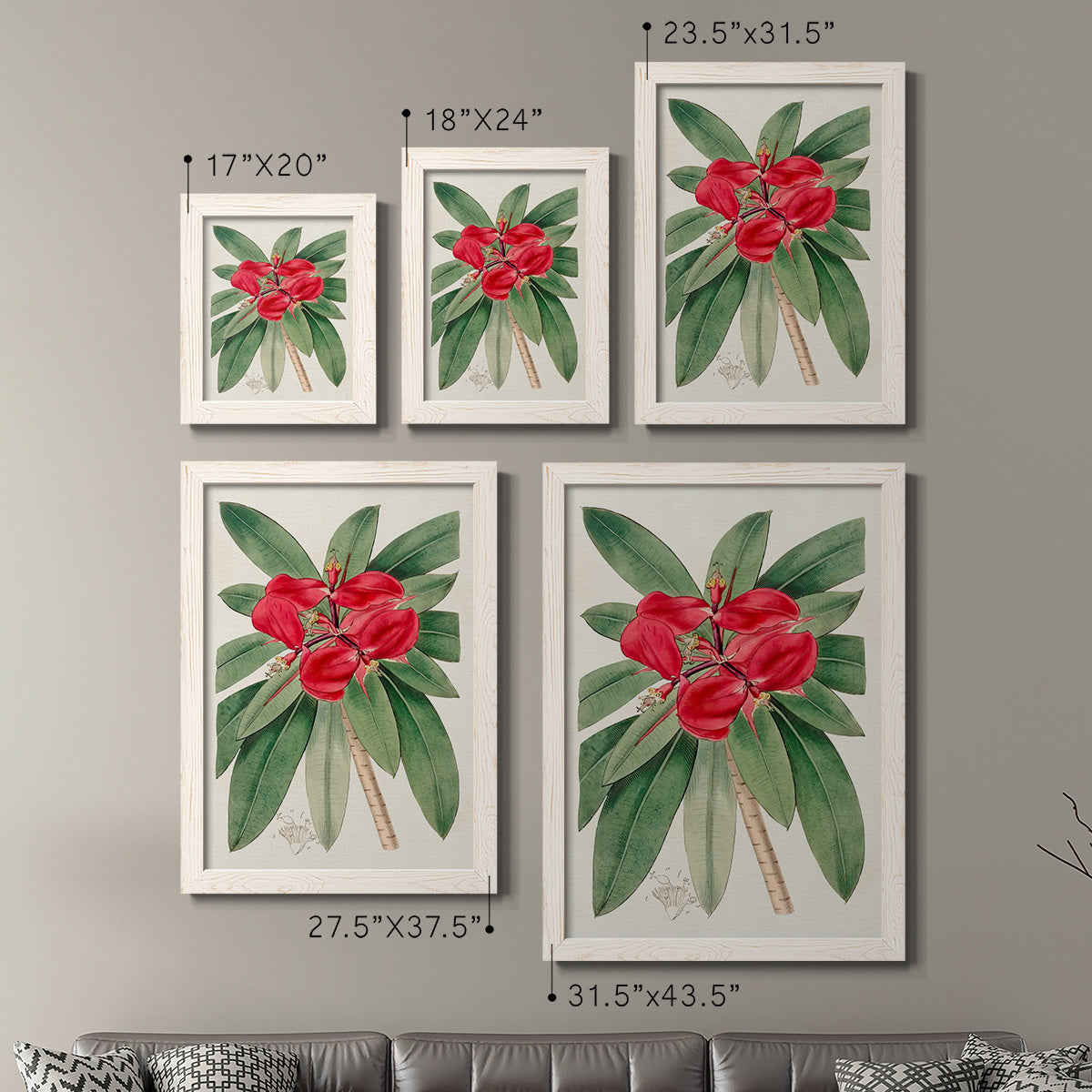 Size comparison chart for a set of two white barnwood framed canvas prints.