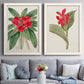 Set of two white barnwood framed canvas prints depicting paired antique botanical plate illustrations with large green leaves, red blossoms, and archival cream paper above a sofa in a contemporary living room.