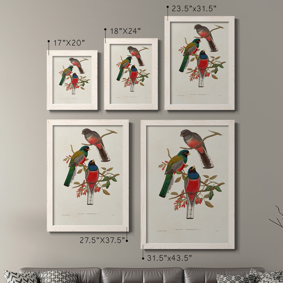 Size comparison chart for a set of two white barnwood framed canvas prints.