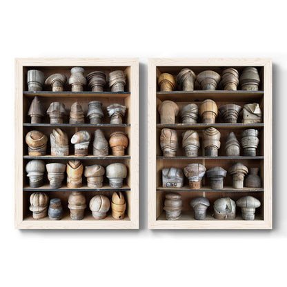 Set of two white barnwood framed canvas prints featuring two fashion-object photography featuring shelves filled with wooden hat forms.