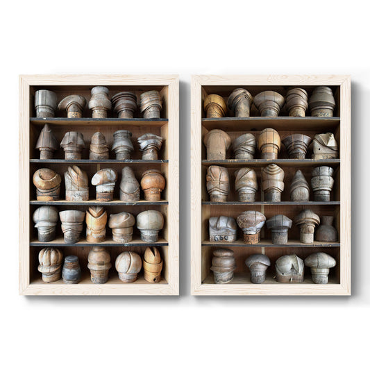 Set of two white barnwood framed canvas prints featuring two fashion-object photography featuring shelves filled with wooden hat forms.