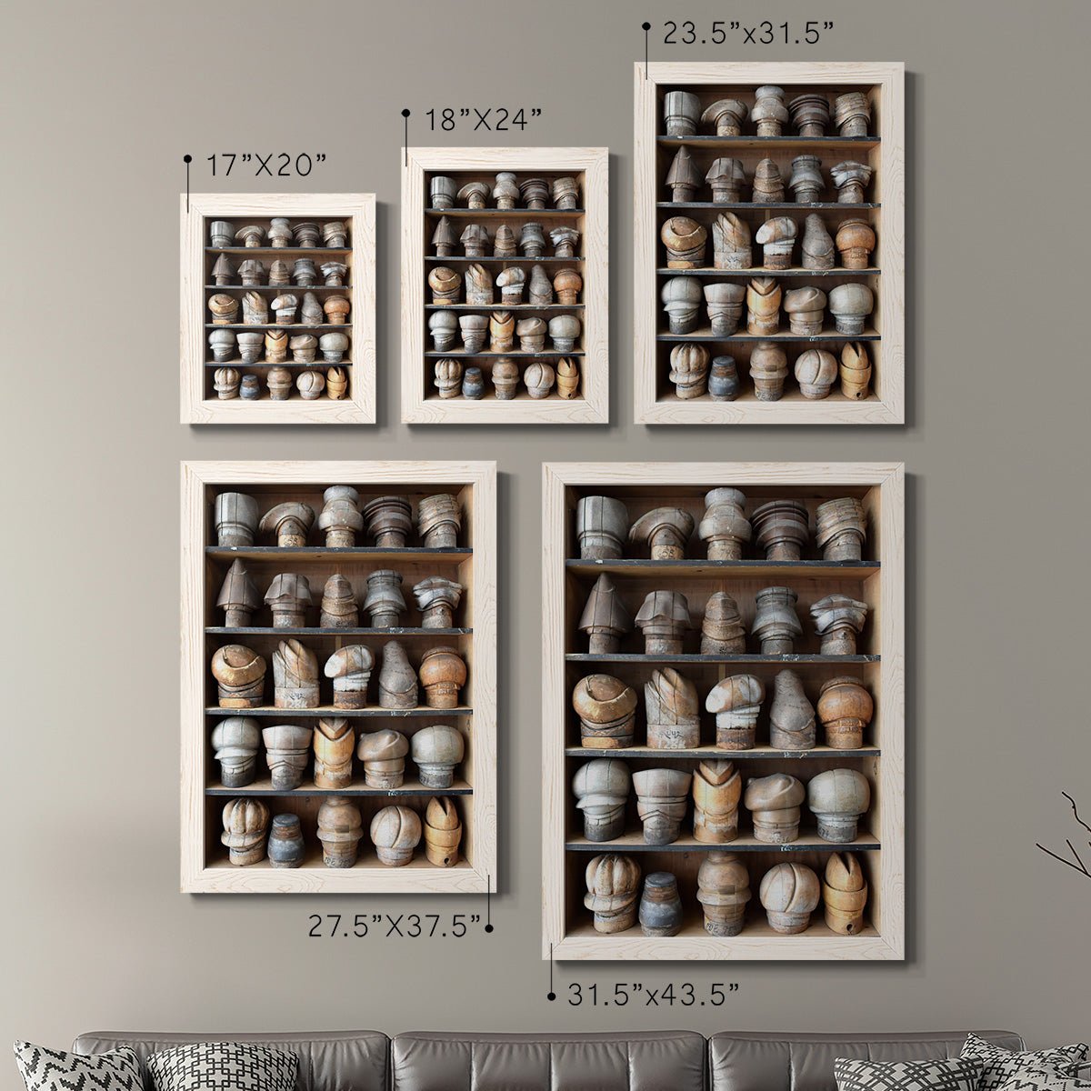 Size comparison chart for a set of two white barnwood framed canvas prints.