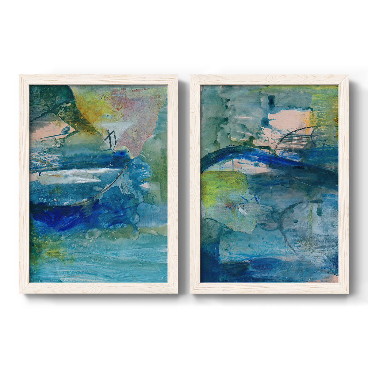 Set of two white barnwood framed canvas prints featuring two energetic mixed-media abstracts featuring layered blue teal green and yellow painterly fields.