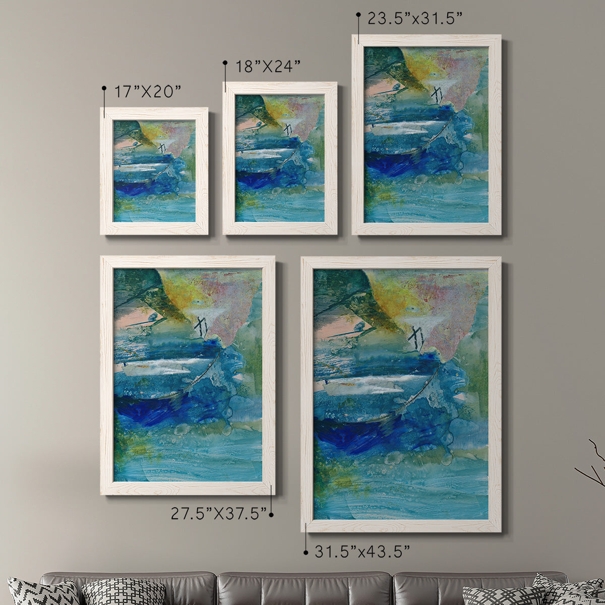 Size comparison chart for a set of two white barnwood framed canvas prints.