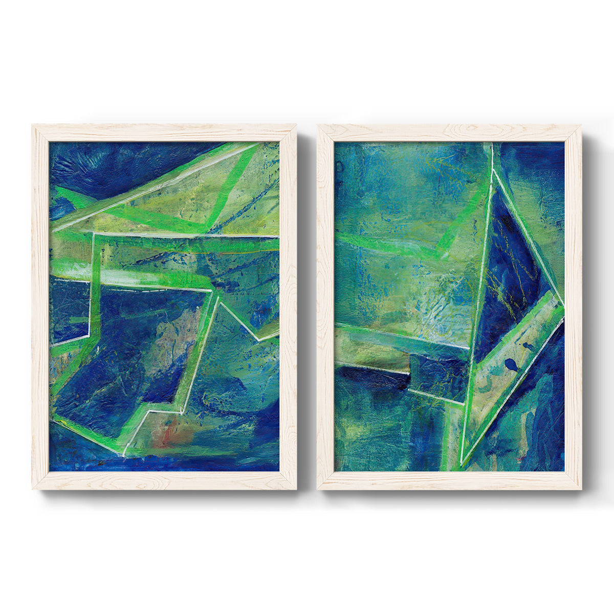 Set of two white barnwood framed canvas prints featuring two textured geometric abstracts featuring interlocking blue and green angular forms.