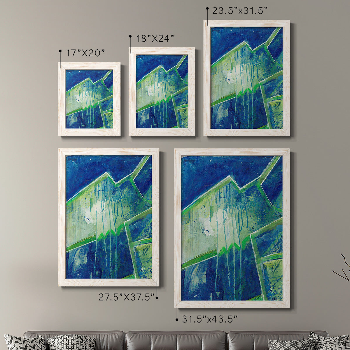 Size comparison chart for a set of two white barnwood framed canvas prints.