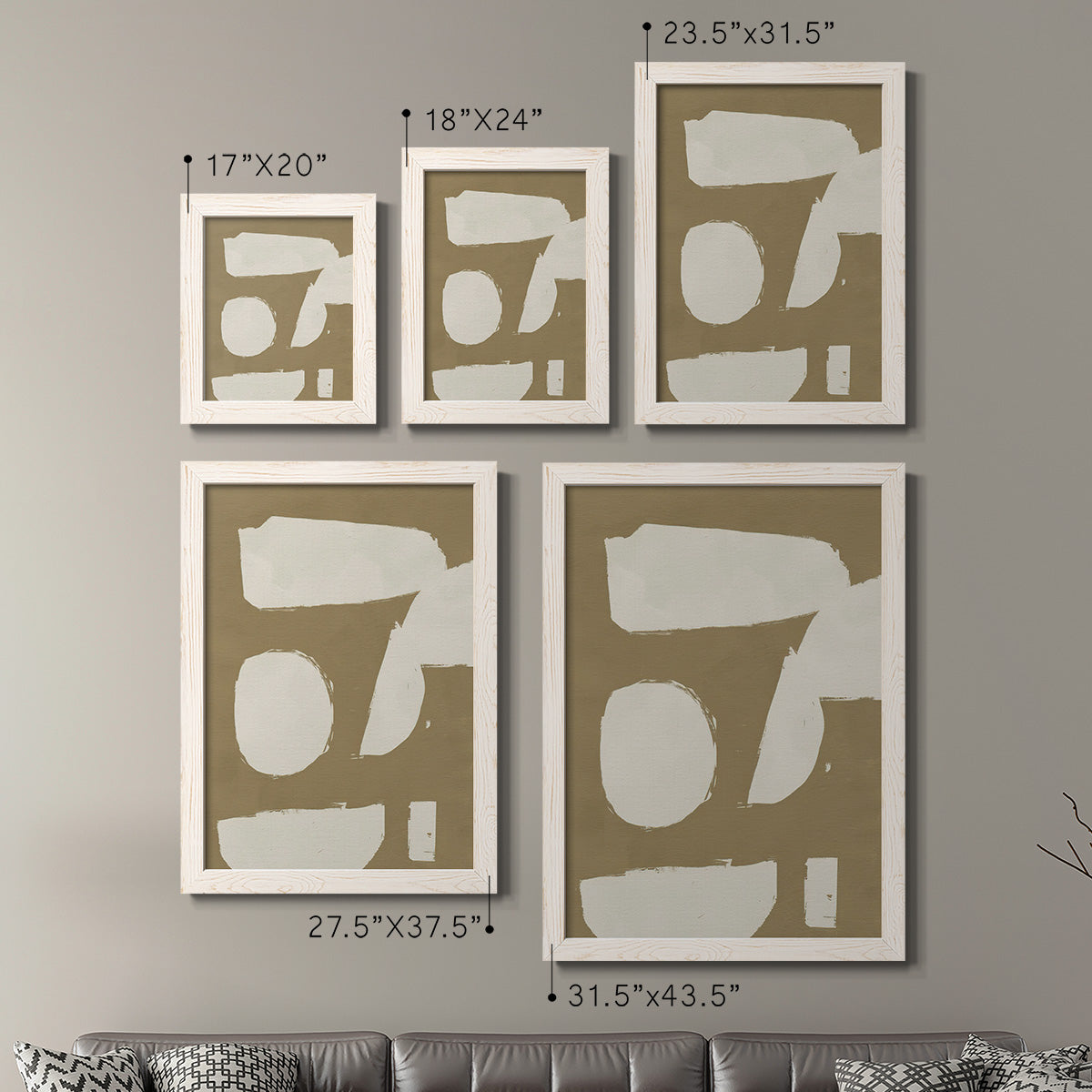 Size comparison chart for a set of two white barnwood framed canvas prints.