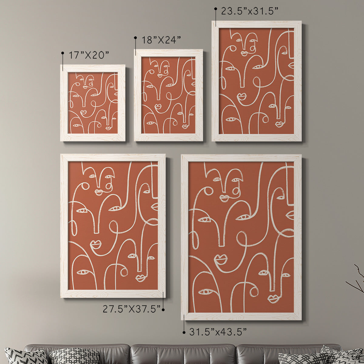 Size comparison chart for a set of two white barnwood framed canvas prints.