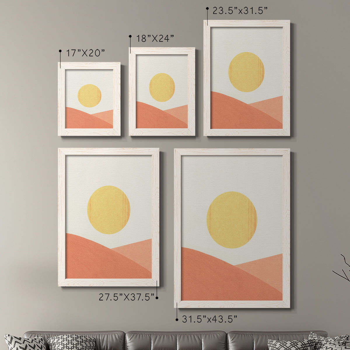 Size comparison chart for a set of two white barnwood framed canvas prints.