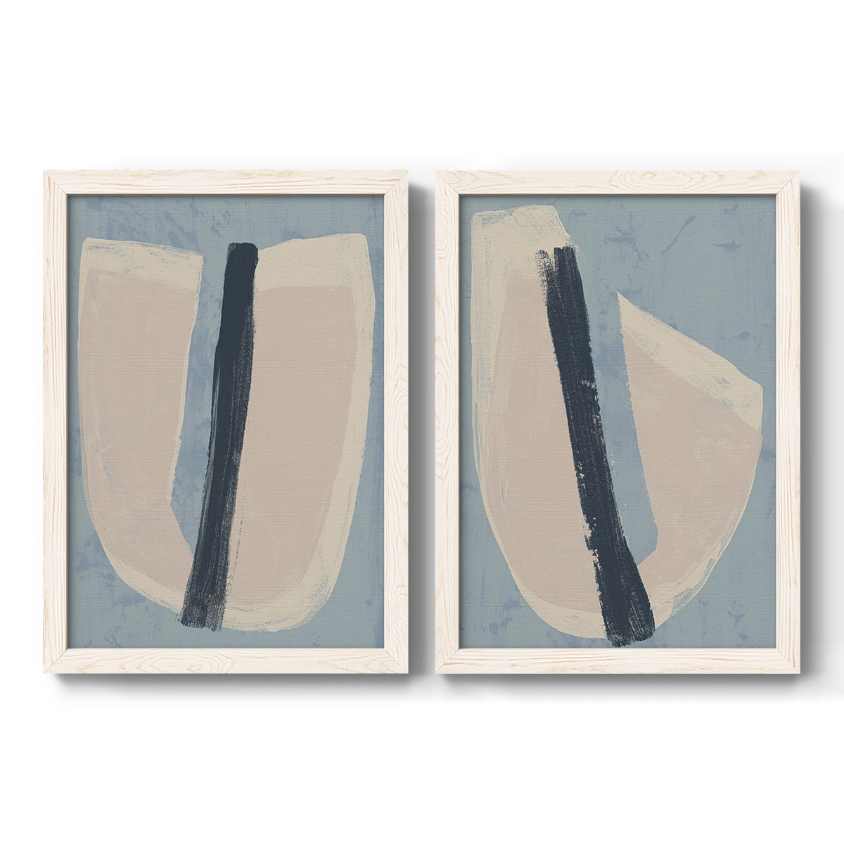 Set of two white barnwood framed canvas prints featuring two minimalist collage-style abstracts featuring single navy brush slashes across layered paper-like shapes.