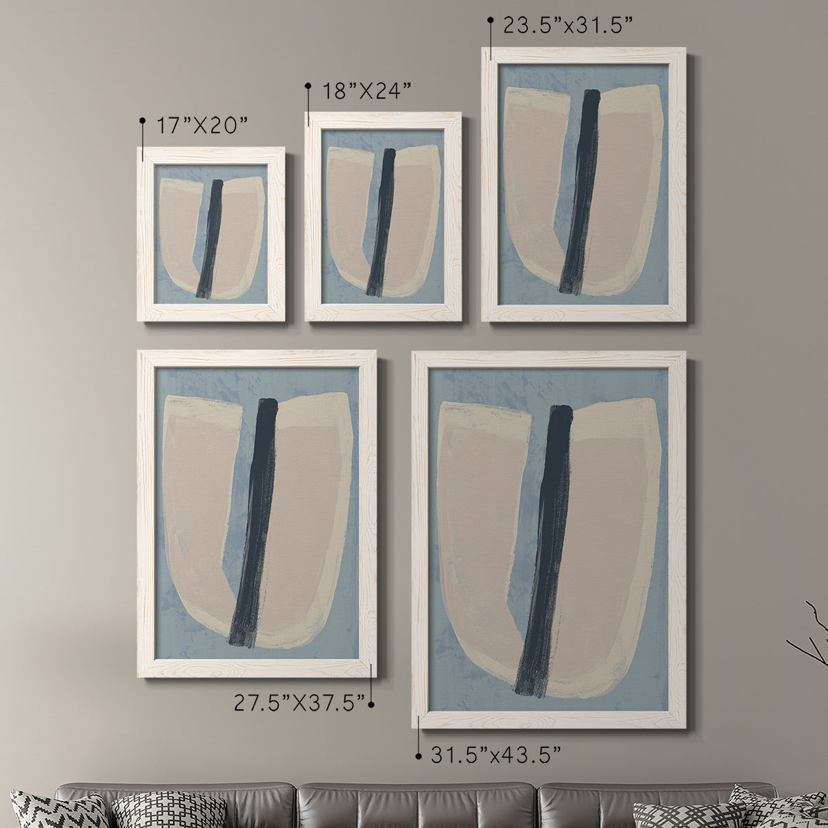 Size comparison chart for a set of two white barnwood framed canvas prints.