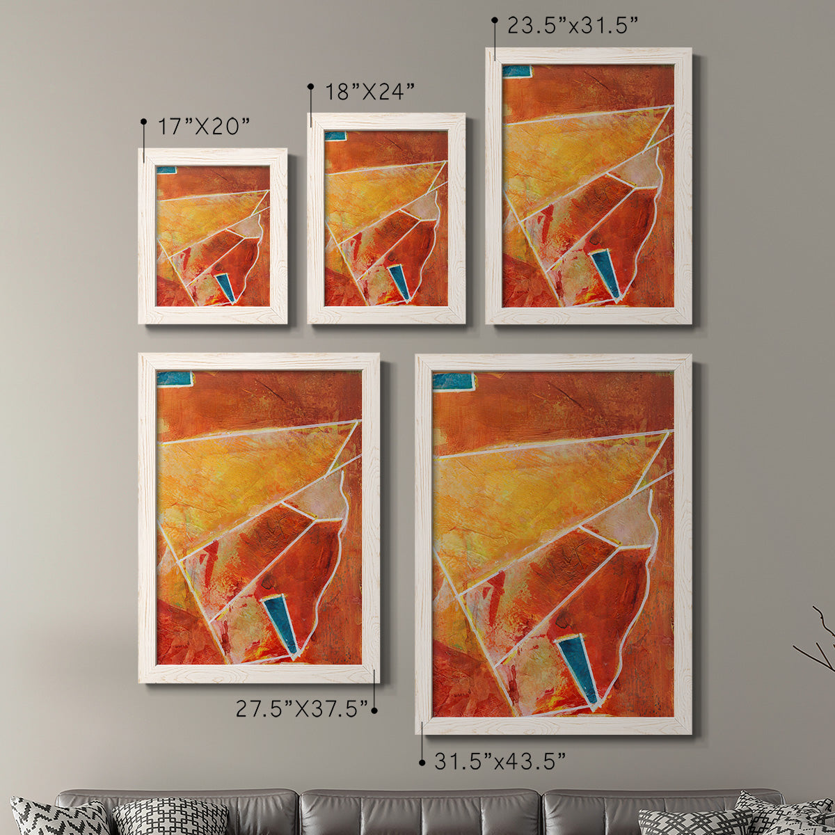 Size comparison chart for a set of two white barnwood framed canvas prints.