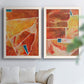 Set of two white barnwood framed canvas prints depicting white dividing lines, small turquoise accents, and layered painted texture arranged across two complementary compositions above a sofa in a bright living space.