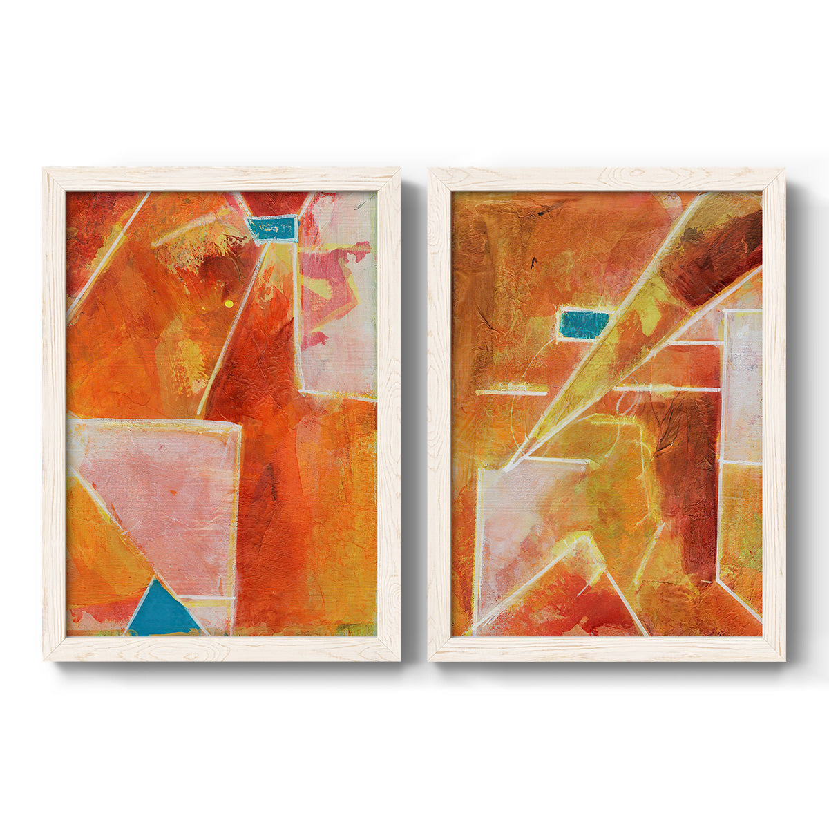 Set of two white barnwood framed canvas prints featuring two warm geometric abstracts featuring faceted rust orange and coral geometric fields.