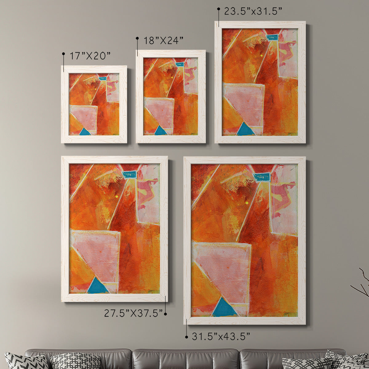 Size comparison chart for a set of two white barnwood framed canvas prints.